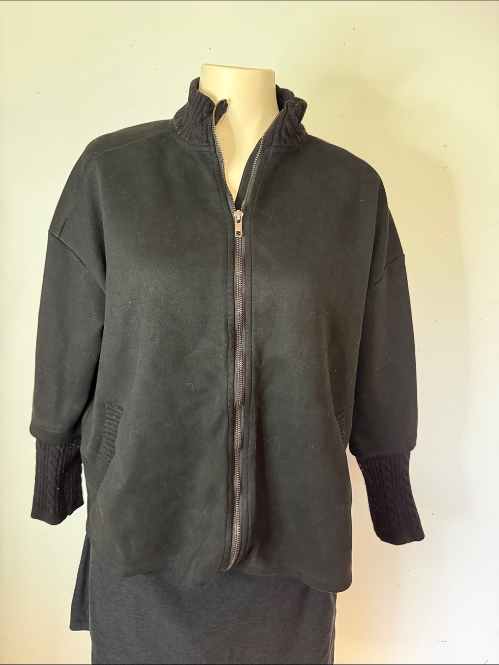 MarlaWynne Black Zip-Front Bomber Jacket with Knit Cuffs
